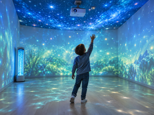 Esempio di aula multisensoriale con proiezioni su parete e soffitto stellato